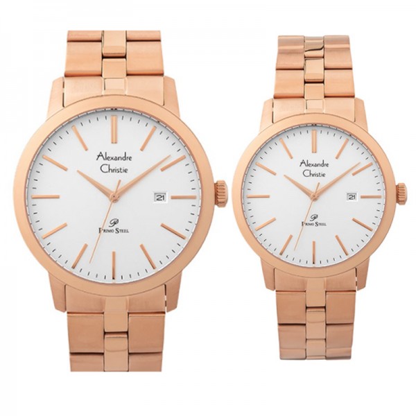 Alexandre Christie AC 1007 Rosegold White Steel Couple